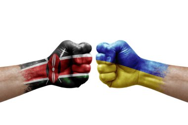 Two hands punch to each others on white background. Country flags painted fists, conflict crisis concept between kenya and ukraine