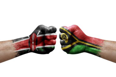 Two hands punch to each others on white background. Country flags painted fists, conflict crisis concept between kenya and vanuatu