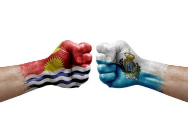 Two hands punch to each others on white background. Country flags painted fists, conflict crisis concept between kiribati and san marino