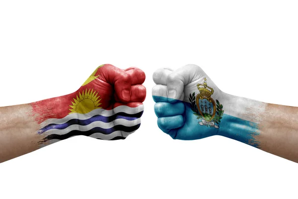 Two Hands Punch Each Others White Background Country Flags Painted — Foto de Stock