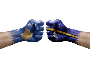 Two hands punch to each others on white background. Country flags painted fists, conflict crisis concept between kosovo and nauru
