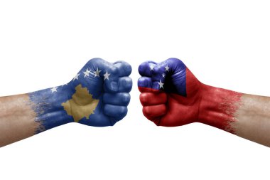 Two hands punch to each others on white background. Country flags painted fists, conflict crisis concept between kosovo and samoa