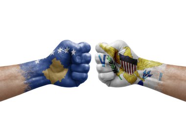 Two hands punch to each others on white background. Country flags painted fists, conflict crisis concept between kosovo and virgin islands