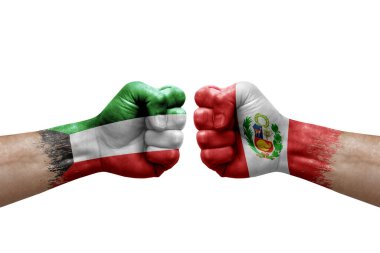 Two hands punch to each others on white background. Country flags painted fists, conflict crisis concept between kuwait and peru