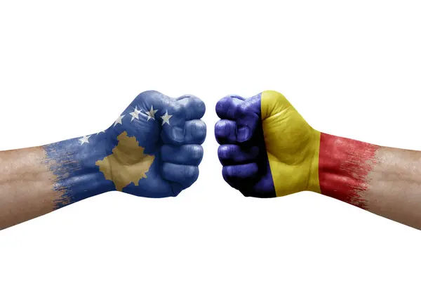 Two Hands Punch Each Others White Background Country Flags Painted — Fotografia de Stock