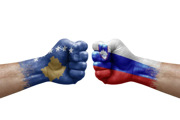 Two Hands Punch Each Others White Background Country Flags Painted — Stock Photo, Image