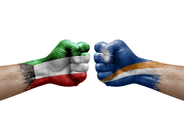 Two Hands Punch Each Others White Background Country Flags Painted — Stock Photo, Image