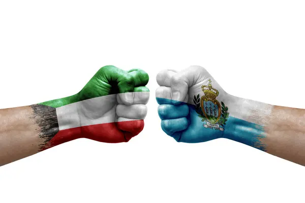 Two Hands Punch Each Others White Background Country Flags Painted — Stock Photo, Image