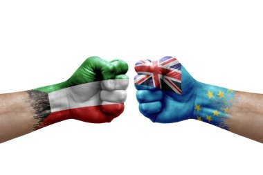 Two hands punch to each others on white background. Country flags painted fists, conflict crisis concept between kuwait and tuvalu