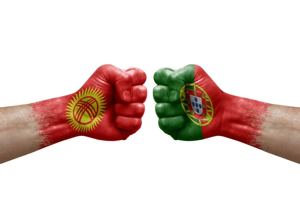 Two Hands Punch Each Others White Background Country Flags Painted — Fotografia de Stock