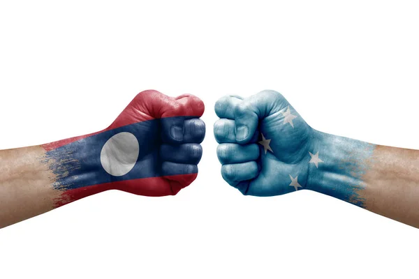 Two Hands Punch Each Others White Background Country Flags Painted — Fotografia de Stock