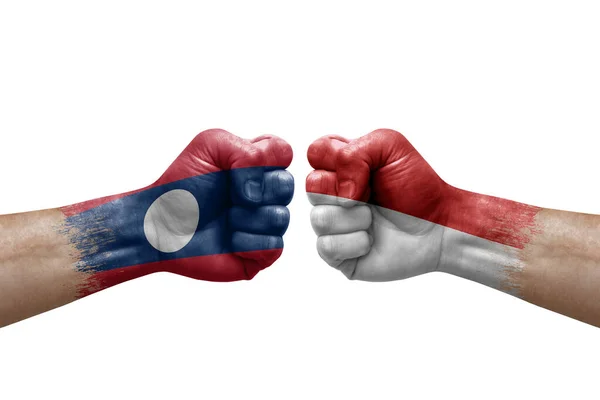 Two Hands Punch Each Others White Background Country Flags Painted — Fotografia de Stock