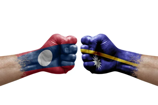 Two Hands Punch Each Others White Background Country Flags Painted — Stock Photo, Image