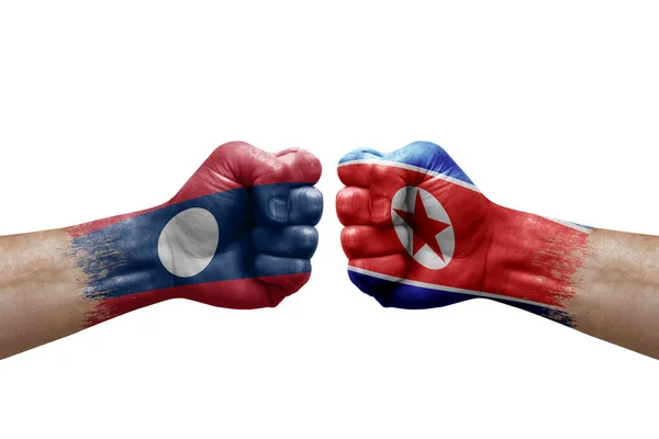 Two Hands Punch Each Others White Background Country Flags Painted — 스톡 사진