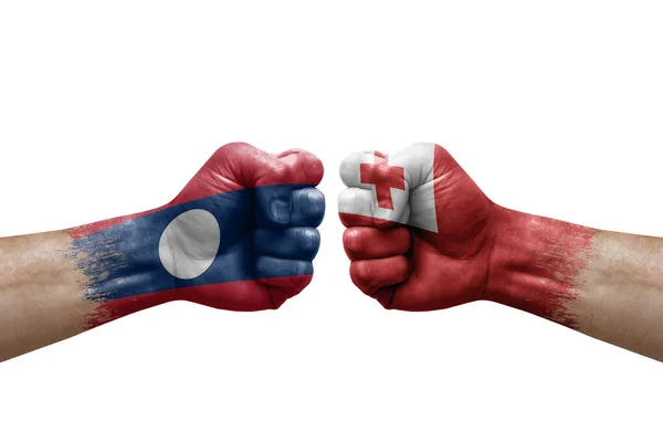 Two Hands Punch Each Others White Background Country Flags Painted — Photo