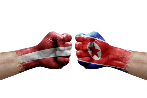 Two Hands Punch Each Others White Background Country Flags Painted — Fotografia de Stock