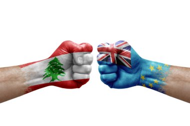 Two hands punch to each others on white background. Country flags painted fists, conflict crisis concept between lebanon and tuvalu