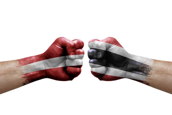 Two Hands Punch Each Others White Background Country Flags Painted — Stock Fotó