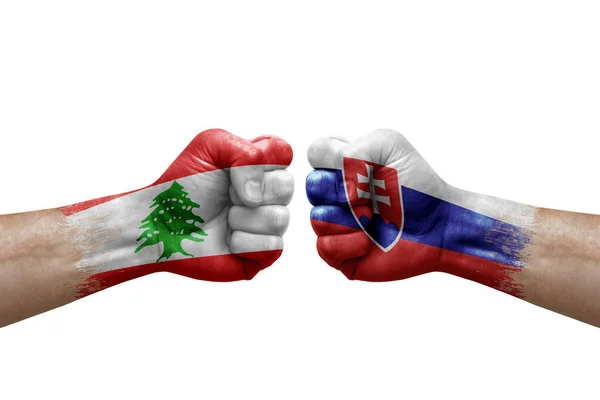 Two Hands Punch Each Others White Background Country Flags Painted — Fotografie, imagine de stoc