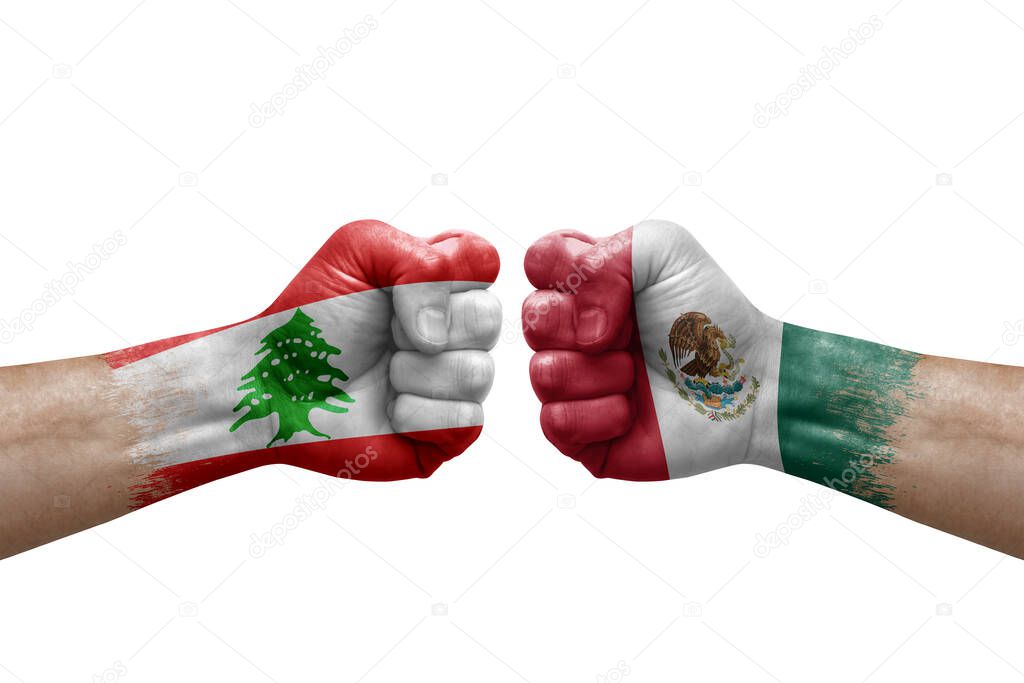 Two hands punch to each others on white background. Country flags painted fists, conflict crisis concept between lebanon and mexico