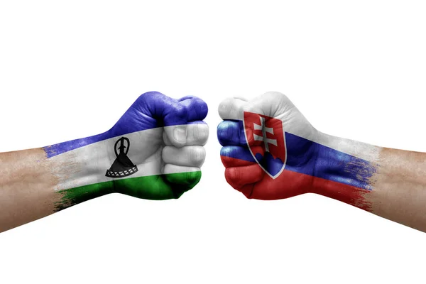 Two Hands Punch Each Others White Background Country Flags Painted — Stock Photo, Image