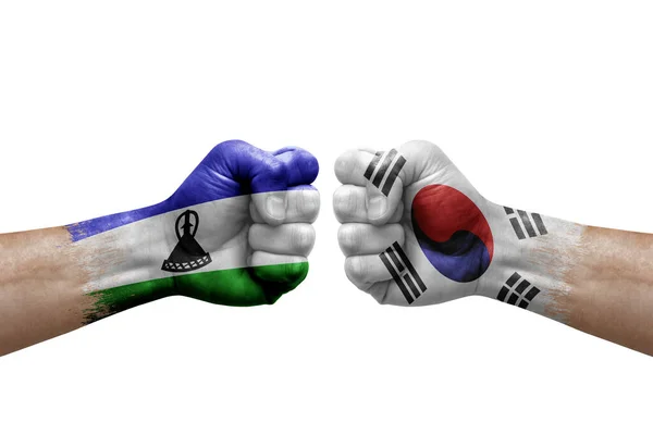 Two Hands Punch Each Others White Background Country Flags Painted — Stock Fotó