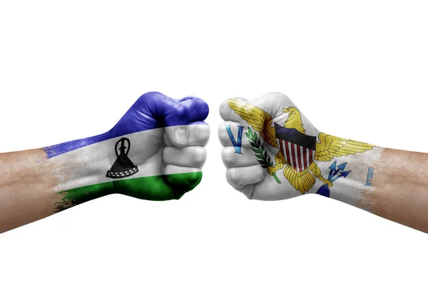 Two Hands Punch Each Others White Background Country Flags Painted — Fotografie, imagine de stoc