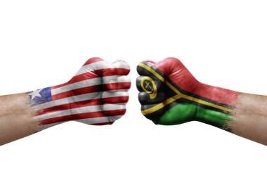 Two hands punch to each others on white background. Country flags painted fists, conflict crisis concept between liberia and vanuatu