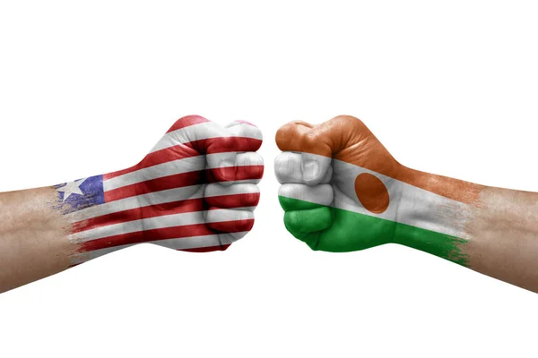 Two Hands Punch Each Others White Background Country Flags Painted — Foto de Stock