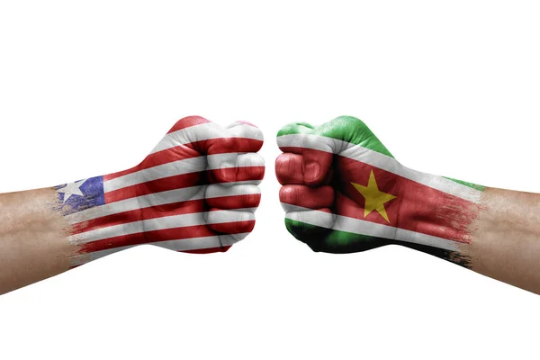 Two Hands Punch Each Others White Background Country Flags Painted — 图库照片