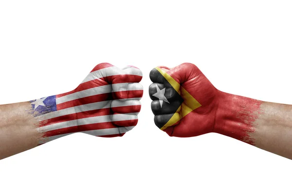 Two Hands Punch Each Others White Background Country Flags Painted — Stockfoto