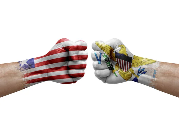 Two Hands Punch Each Others White Background Country Flags Painted — Fotografie, imagine de stoc