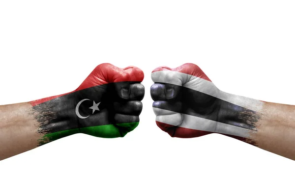 Two Hands Punch Each Others White Background Country Flags Painted — Stok fotoğraf