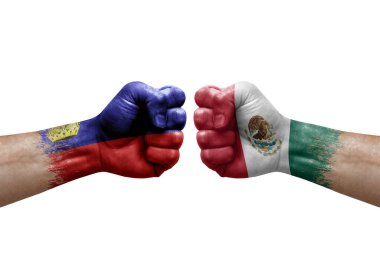Two hands punch to each others on white background. Country flags painted fists, conflict crisis concept between liechtenstein and mexico