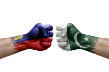 Two hands punch to each others on white background. Country flags painted fists, conflict crisis concept between liechtenstein and pakistan