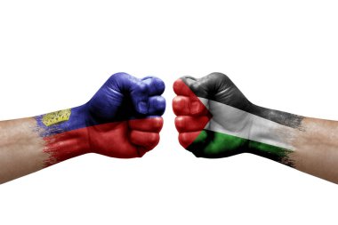 Two hands punch to each others on white background. Country flags painted fists, conflict crisis concept between liechtenstein and palestine