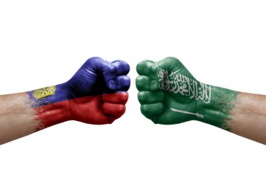 Two hands punch to each others on white background. Country flags painted fists, conflict crisis concept between liechtenstein and saudi arabia