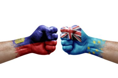 Two hands punch to each others on white background. Country flags painted fists, conflict crisis concept between liechtenstein and tuvalu