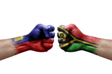 Two hands punch to each others on white background. Country flags painted fists, conflict crisis concept between liechtenstein and vanuatu
