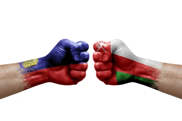 Дві Руки Ударяють Одна Одній Білому Тлі Державні Прапори Намальовані — стокове фото