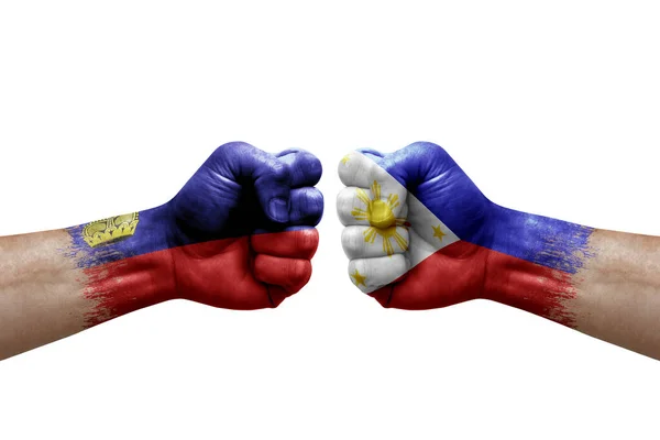 Two Hands Punch Each Others White Background Country Flags Painted — 图库照片