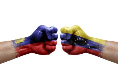 Two hands punch to each others on white background. Country flags painted fists, conflict crisis concept between liechtenstein and venezuela