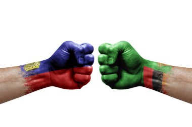 Two hands punch to each others on white background. Country flags painted fists, conflict crisis concept between liechtenstein and zambia