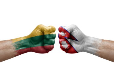 Two hands punch to each others on white background. Country flags painted fists, conflict crisis concept between lithuania and nepal