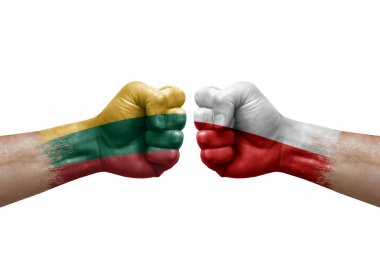 Two hands punch to each others on white background. Country flags painted fists, conflict crisis concept between lithuania and poland