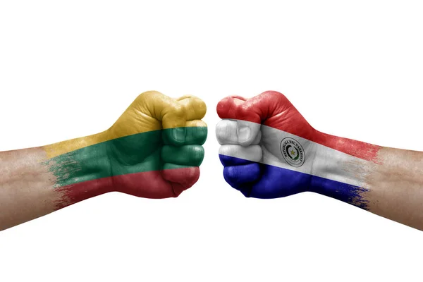 Two Hands Punch Each Others White Background Country Flags Painted — 图库照片