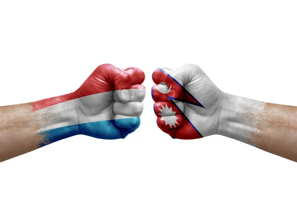 Two Hands Punch Each Others White Background Country Flags Painted — Stockfoto