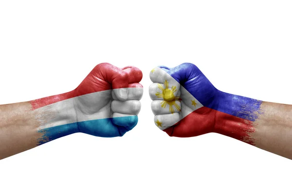 Two Hands Punch Each Others White Background Country Flags Painted — Fotografia de Stock