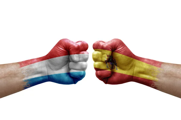 Two Hands Punch Each Others White Background Country Flags Painted — Fotografia de Stock