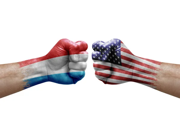 Two Hands Punch Each Others White Background Country Flags Painted — Stock Photo, Image